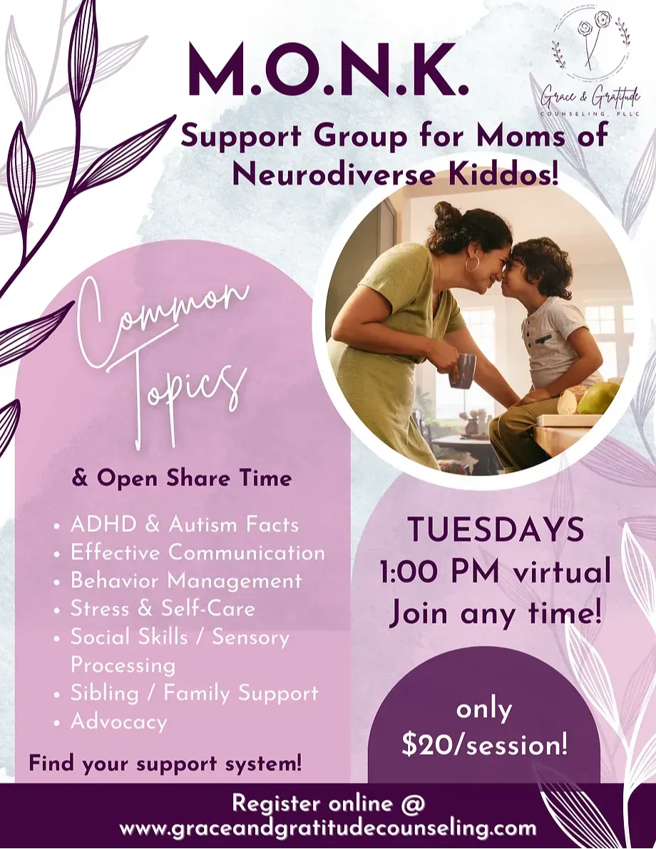 Flyer with soft, calming visuals promoting “M.O.N.K. Support Group: Moms of Neurodiverse Kiddos,” a monthly community for mothers of children with ADHD or Autism. Focuses on education, advocacy, and emotional healing, led by Liz Bohnsak, LCPC.