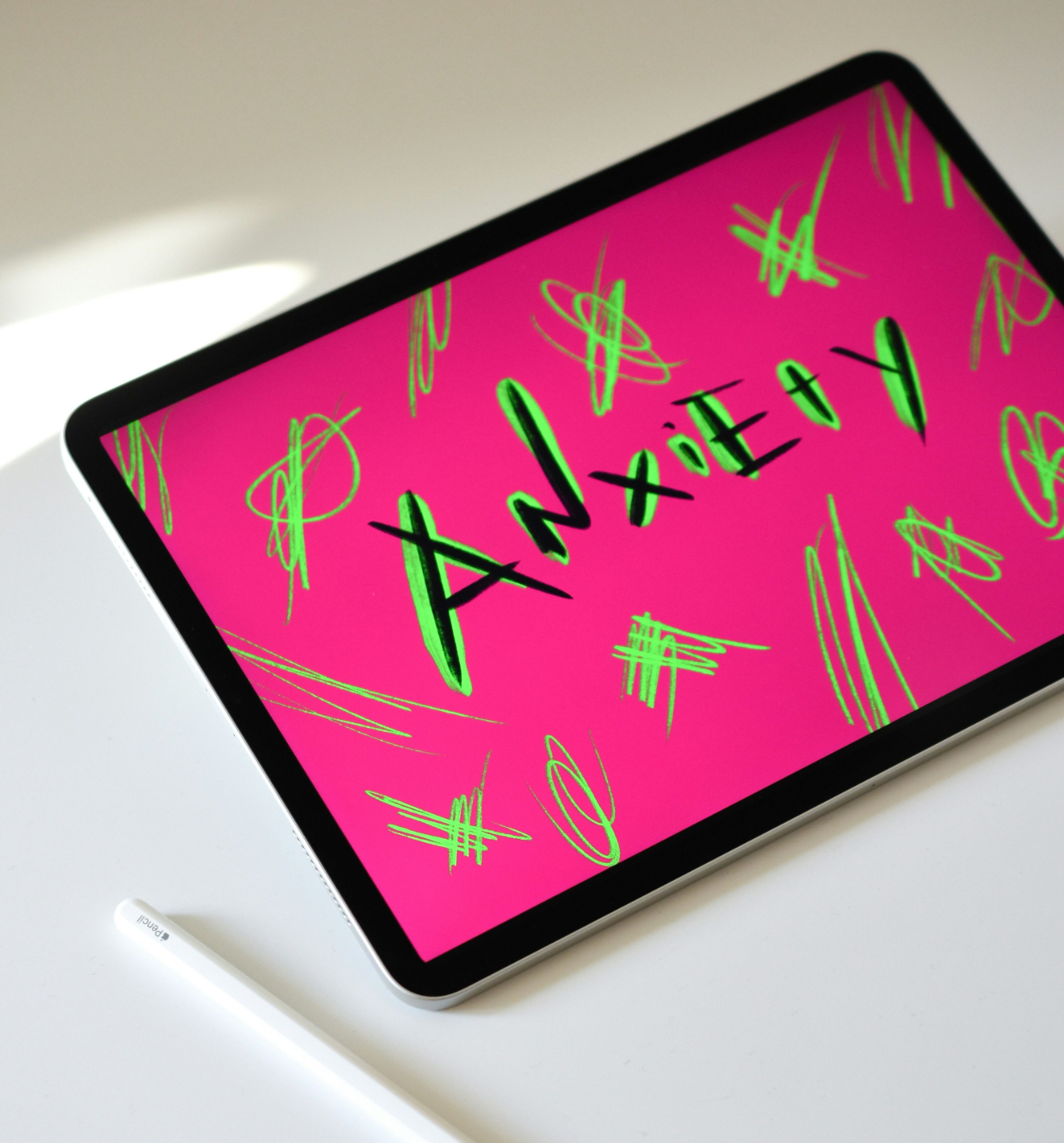 An iPad screen showing the word “anxiety,” illustrating Grace & Gratitude Counseling’s message about accessible, compassionate therapy for busy people seeking relief from stress, overwhelm, and self-doubt.