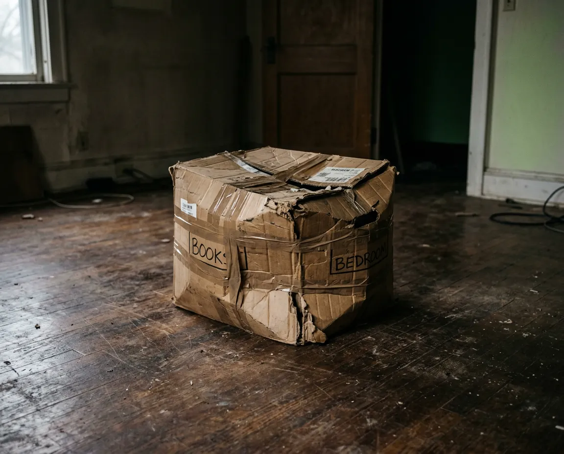 Messy pile of crushed, torn, and heavily taped cardboard moving boxes in a disarrayed room
