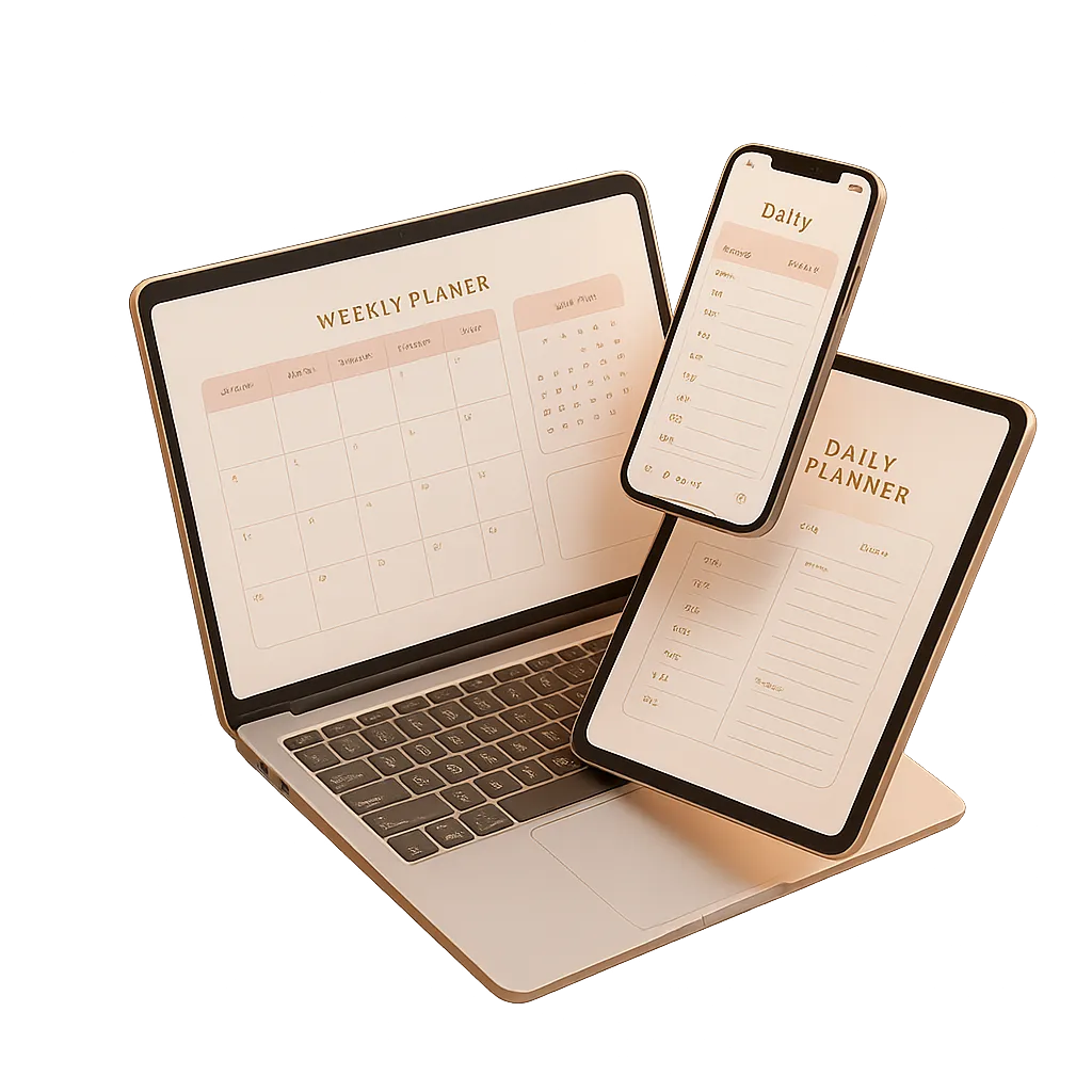 Complete Wedding Planning Toolkit 3D stacked digital screens mockup displaying budget, seating, and guest list tools on laptop, tablet, and smartphone with Save 40% badge