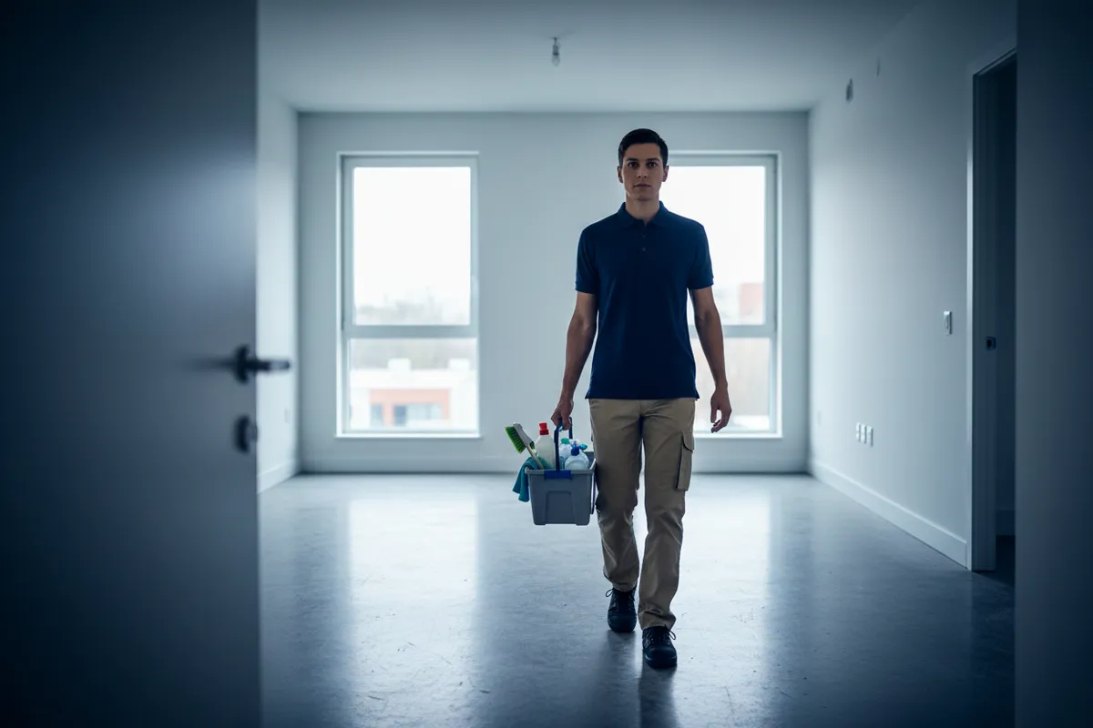 Professional cleaner arriving for an urgent vacant-unit turnover service.