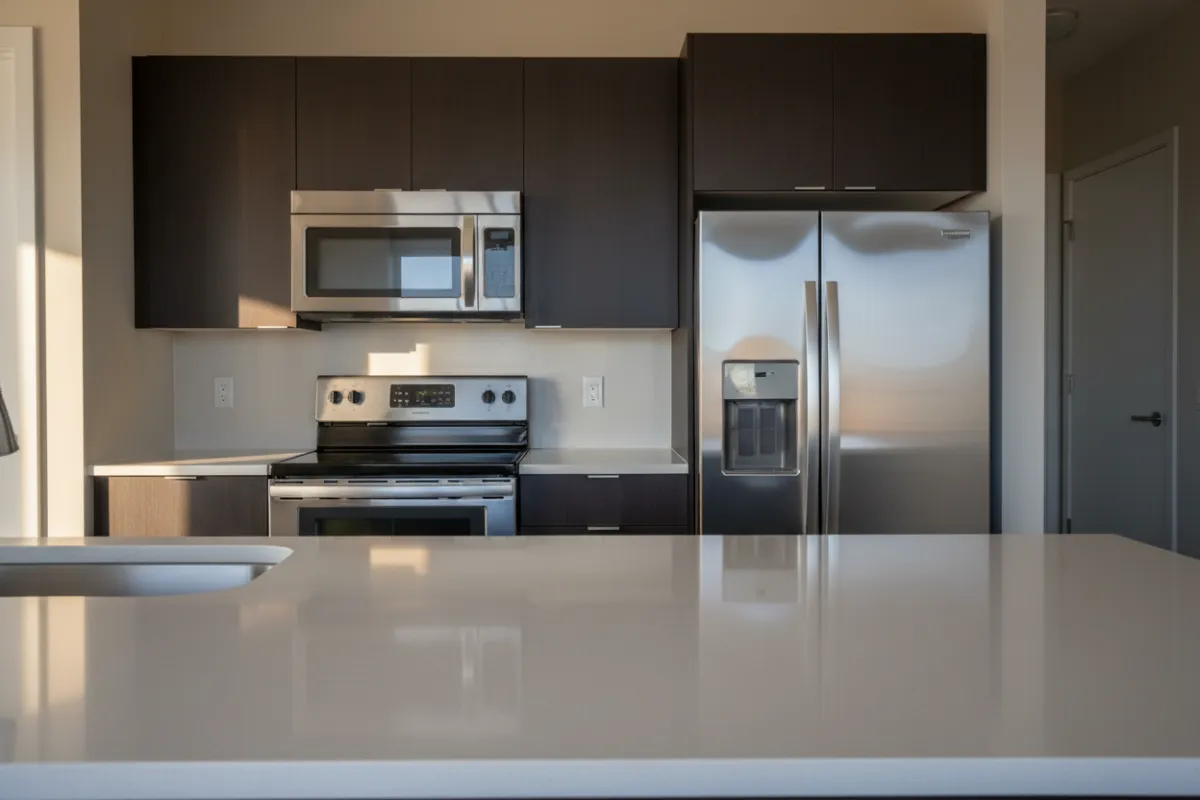 Clean vacant apartment kitchen after standard turnover cleaning.