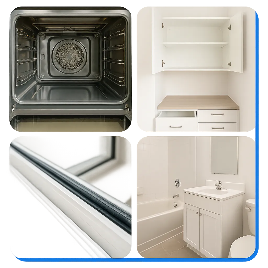 Detailed cleaning standards composite showing oven interior, cabinets, window track, and bathroom.