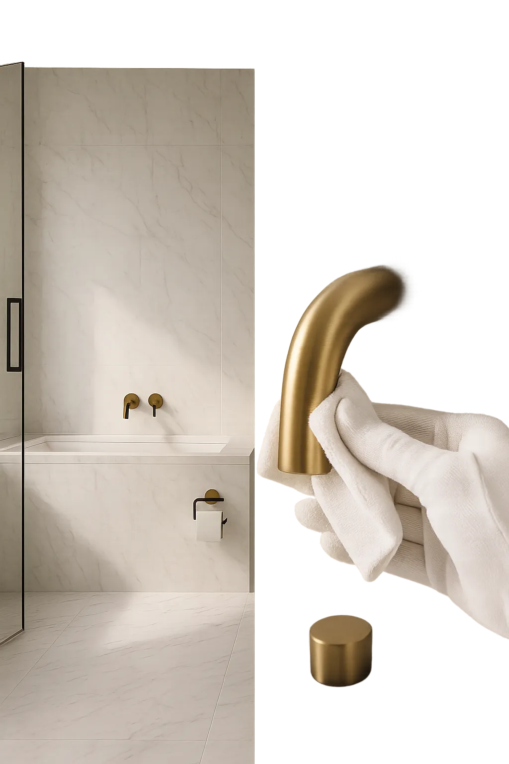 Pristine marble bathroom and white-glove detail shot highlighting Inspection Grade restoration quality.