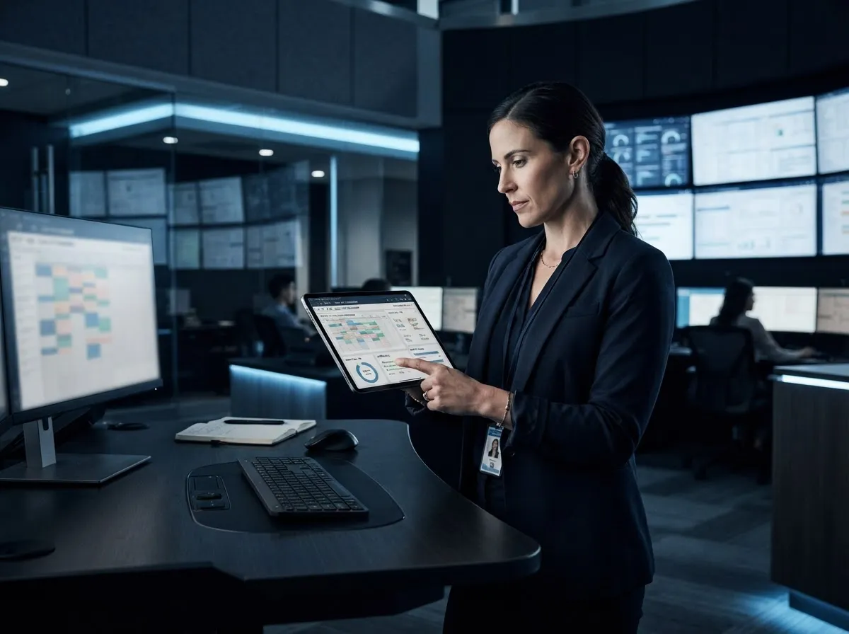 Clinical operations manager inspecting tablet workflow inside a modernized diagnostic center