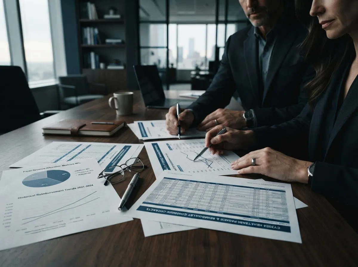 Executive healthcare analysts reviewing managed-care payer reimbursement schedules