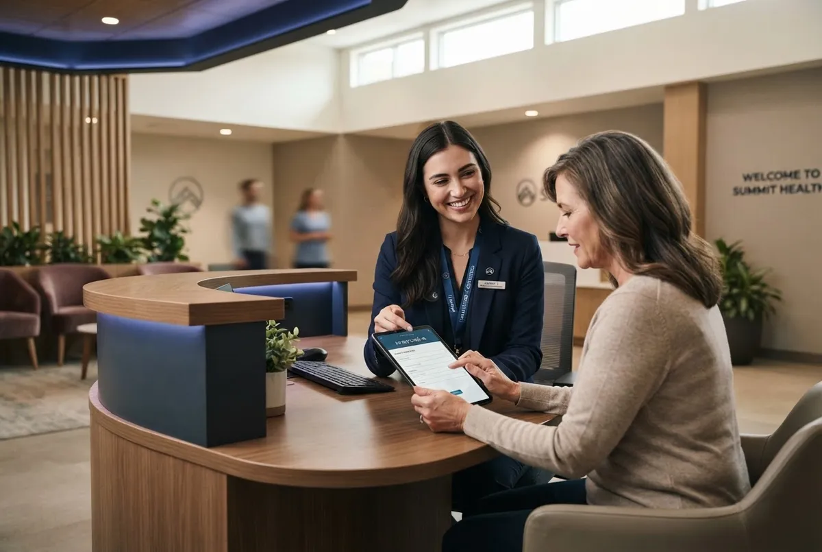 Modern outpatient clinical consultation suite showing intake coordination team