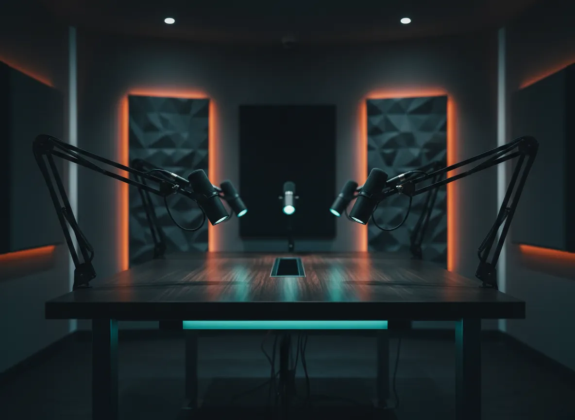 Dark, modern podcast THE LODGE with microphones and lighting in East London