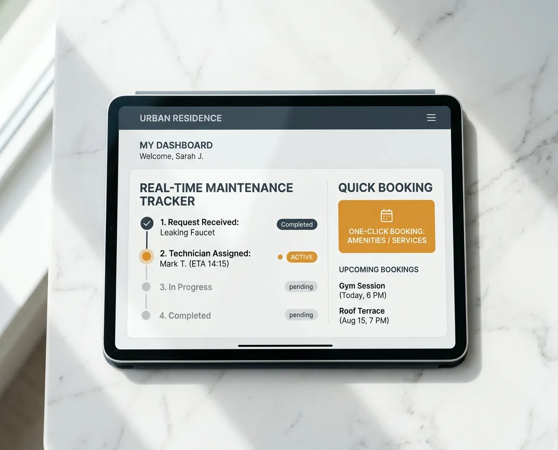 High-key client dashboard interface displaying one-click booking and real-time maintenance status tracker