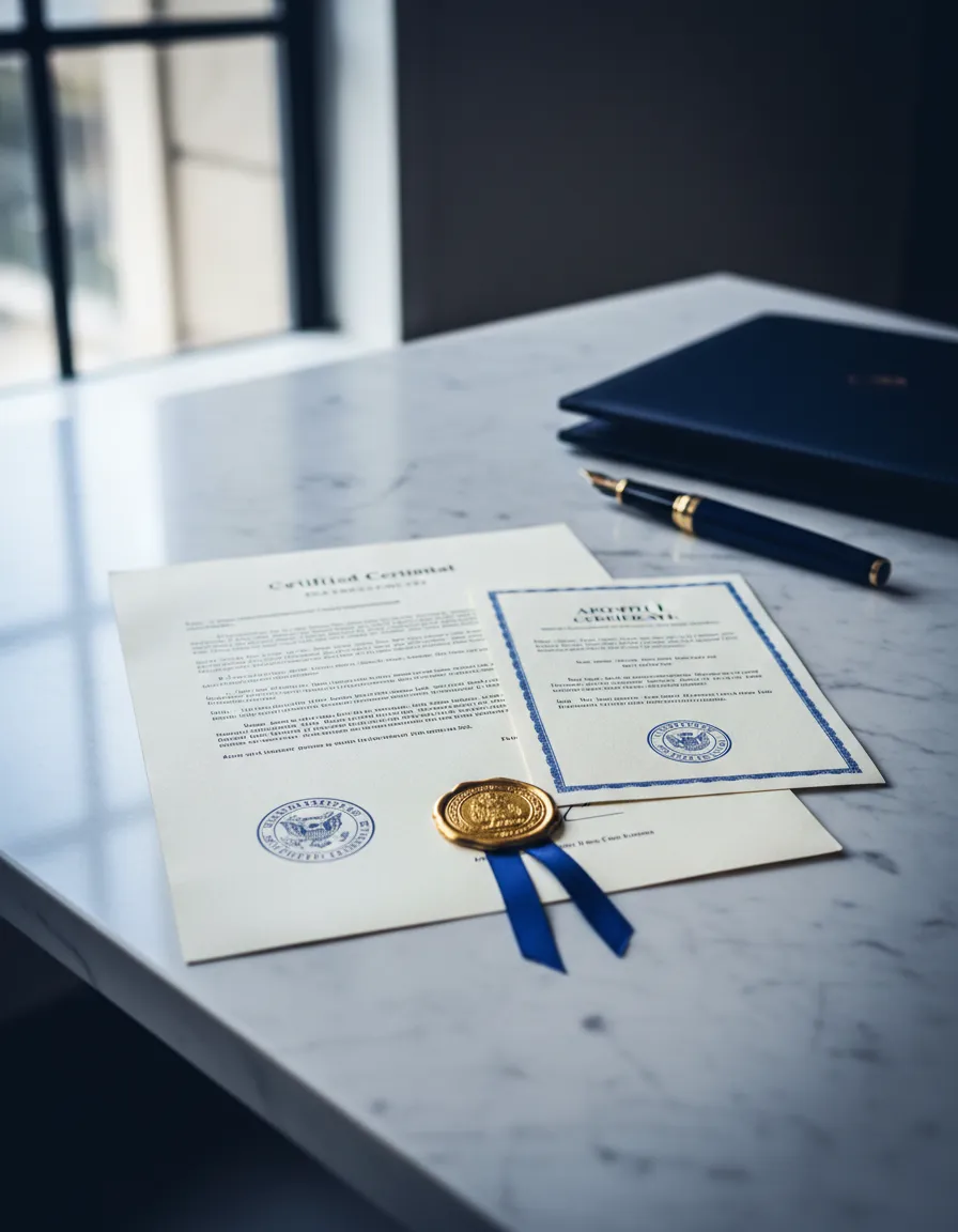 Professional editorial image of a certified document with an apostille resting on a desk