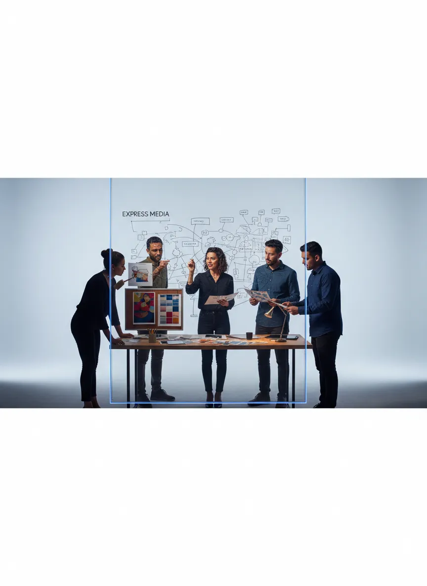 Collaborative marketing strategy session with Express Media team