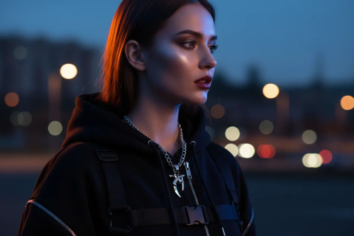 Close-up editorial-style portrait of a young woman with dramatic rim lighting, modern streetwear, city bokeh background at dusk, cinematic color grading, photorealistic style emphasizing texture, detail, and AI-enhanced skin retouching for polished commercial use.