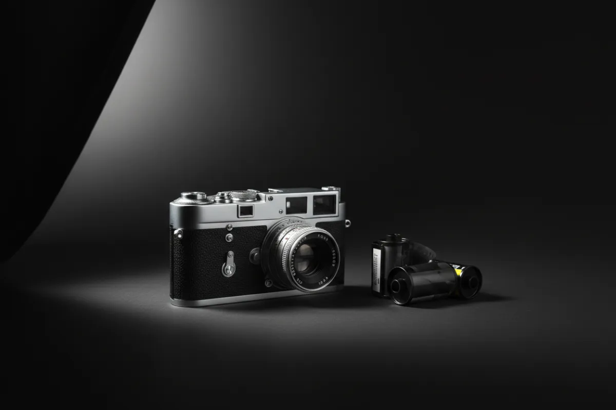 Studio still-life of an analog camera and film rolls on a matte black surface, directional softbox lighting, high-contrast minimal composition, commercial product photography style with crisp detail and neutral color palette, ideal for hero ecommerce imagery.