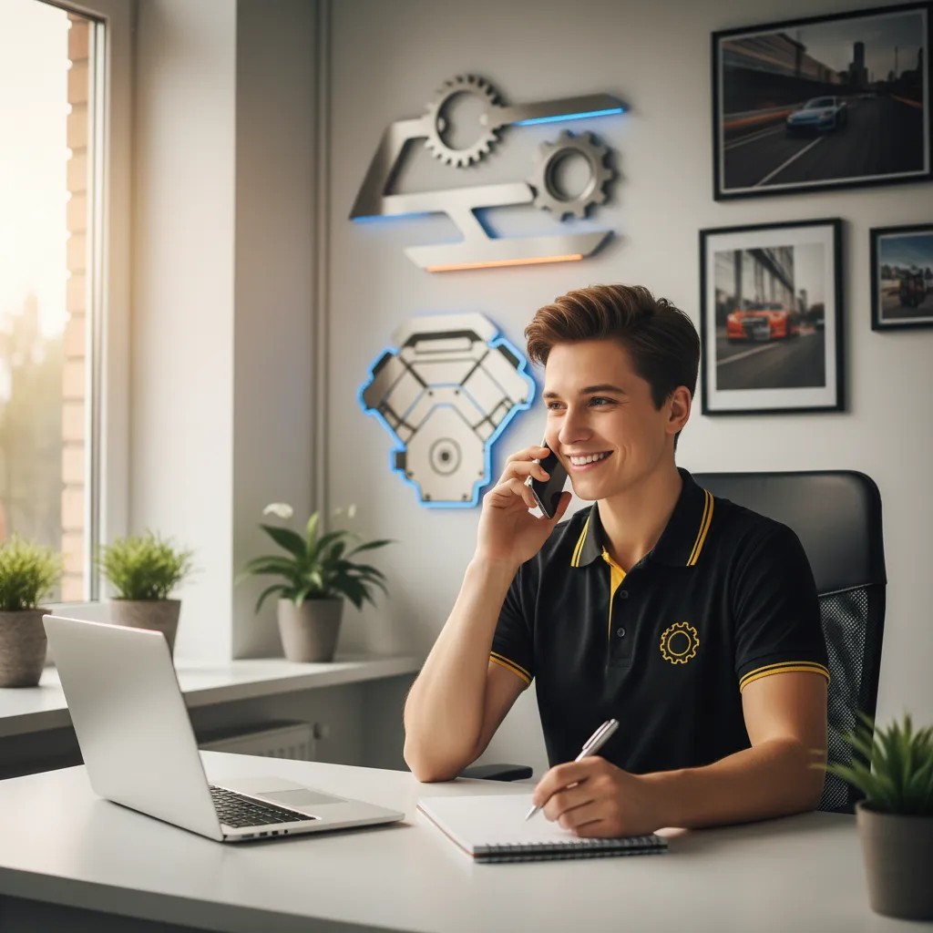 A friendly auto repair consultant speaking on the phone at a modern desk, with a laptop open and a notepad, in a bright office. The consultant is smiling, wearing a branded black and yellow shirt, and the background shows subtle automotive decor.
