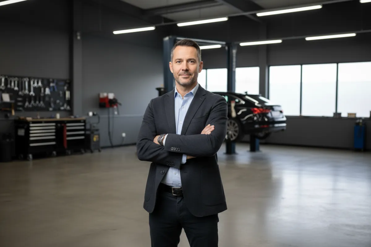 Professional male auto-repair shop owner portrait with a neutral, approachable look, suitable for a light section background