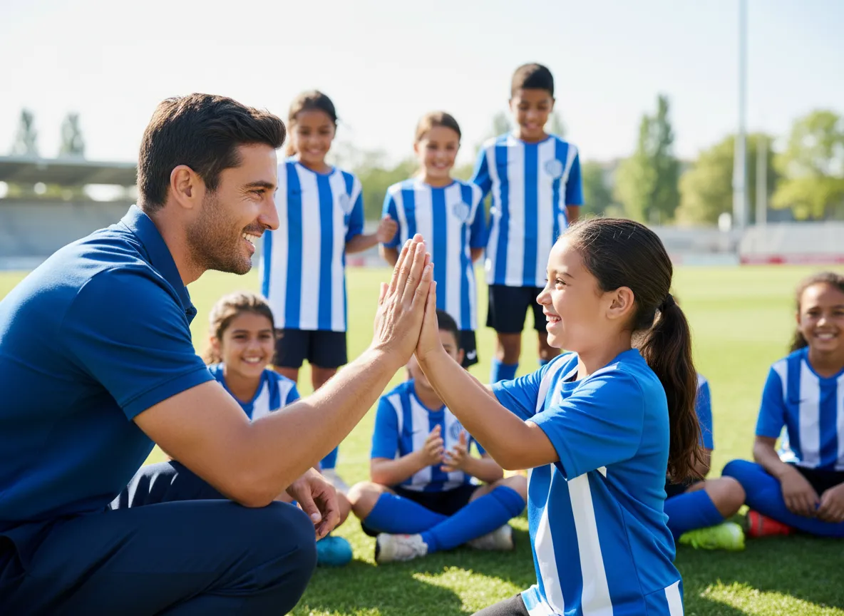 Soccer coach high‑fiving a young player