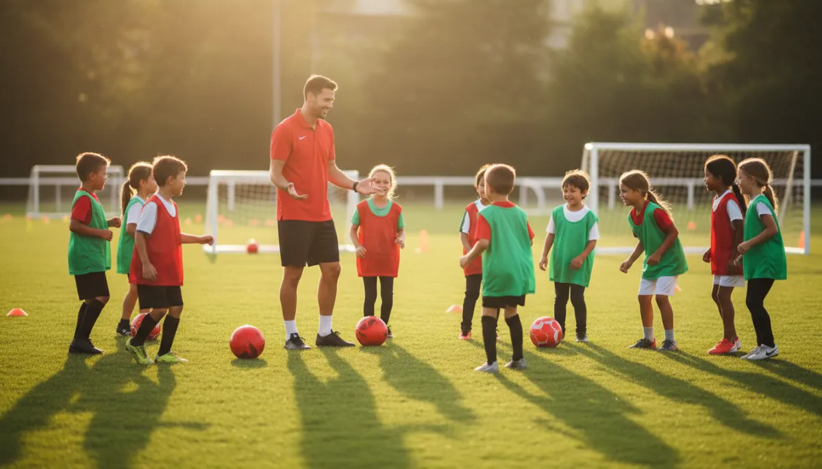 Kids playing soccer with a coach during practice