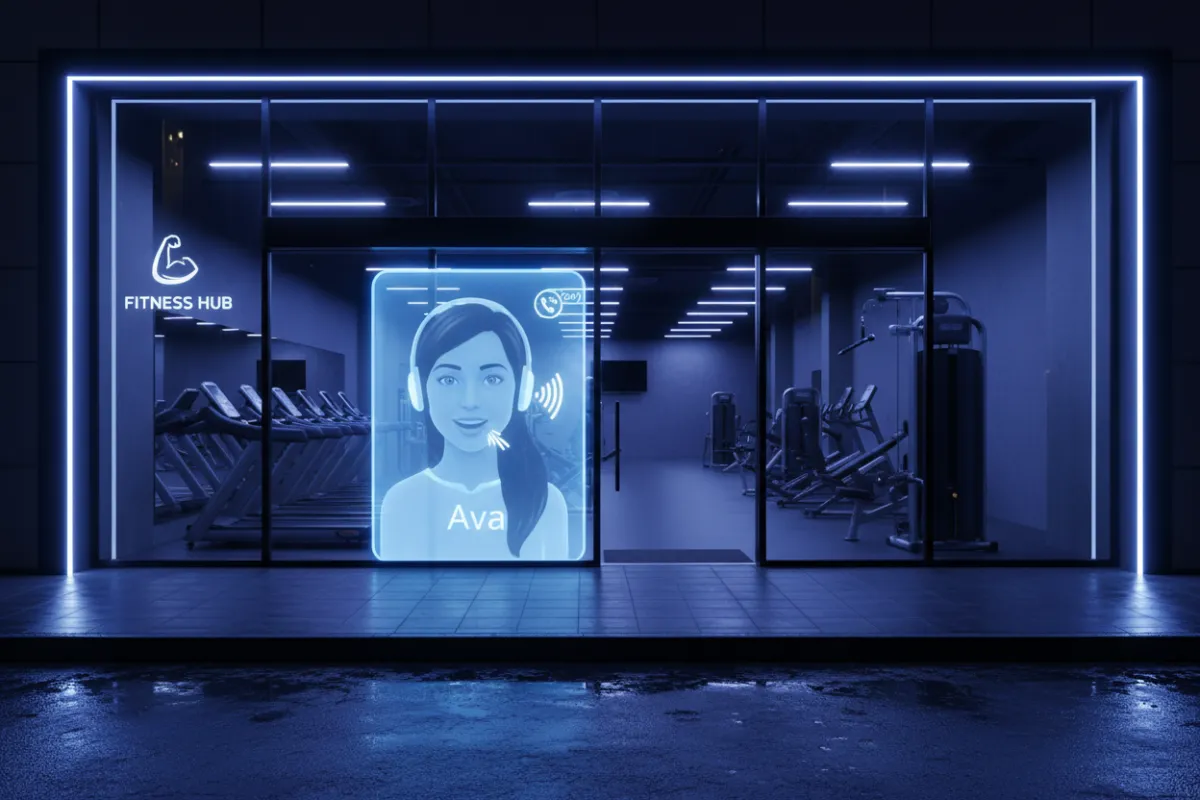 Gym front-desk signup; AI receptionist capturing leads — styled for brand colors #03011D, #C5A34B, #77B33A