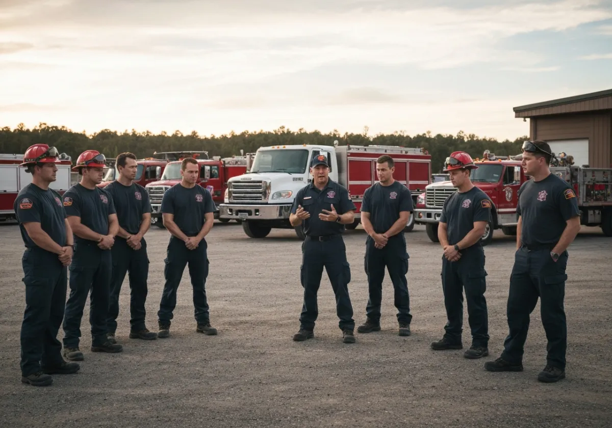 Professional fire crew briefing for departmental training