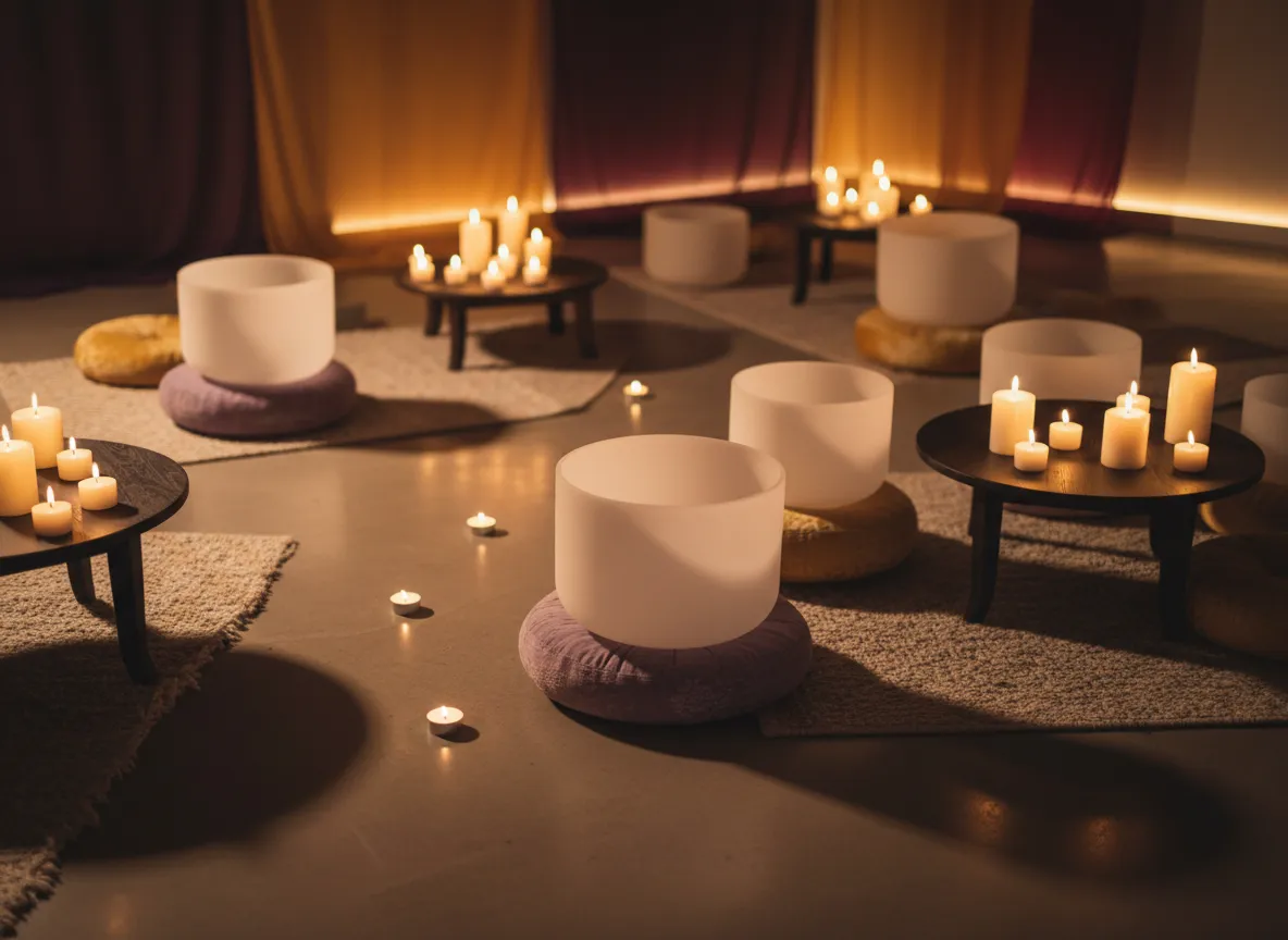 Soft-lit sound bath with singing bowls and cushions