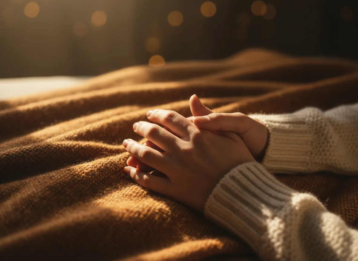 Close-up of hands resting on heart with warm light