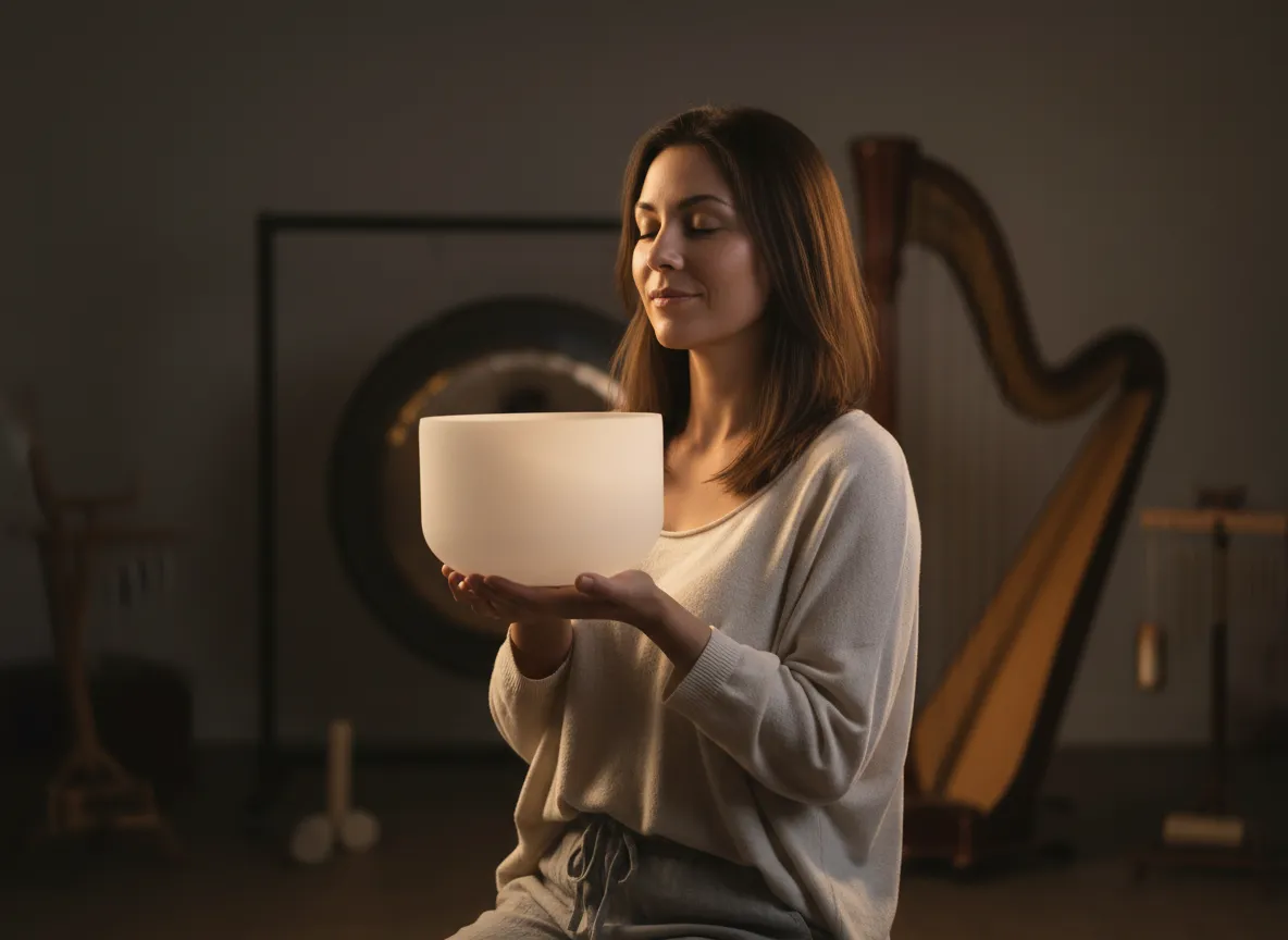 KT holding a crystal bowl in a soft, glowing space