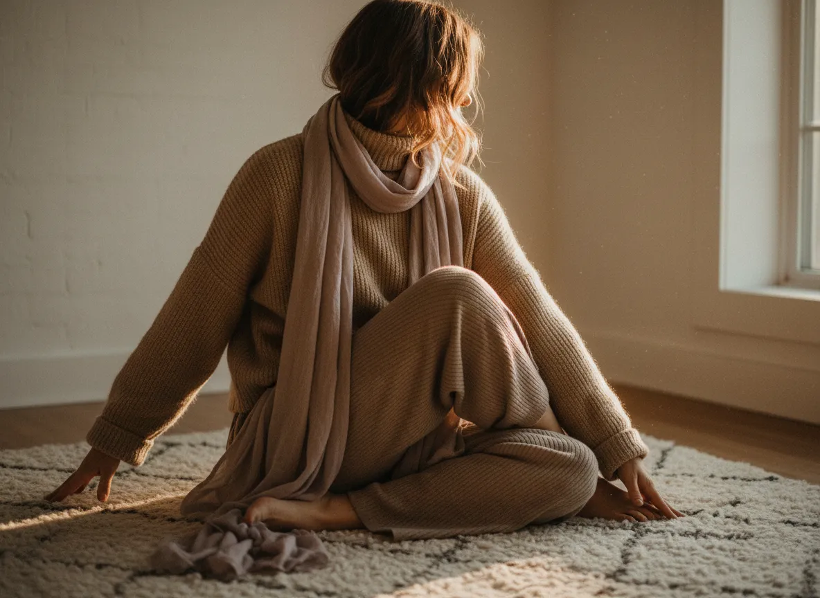 Woman in gentle yoga pose with warm light and soft textures