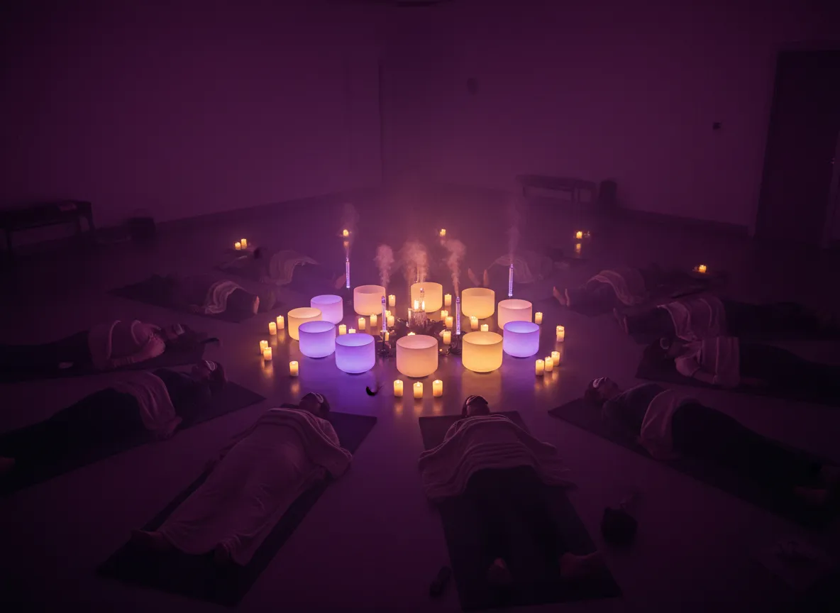 Group sound bath event with moody lighting and warm tones