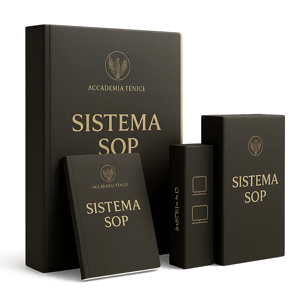 Premium 3D mockup of the Sistema SOP materials and digital boxes with Accademia Fenice gold icon