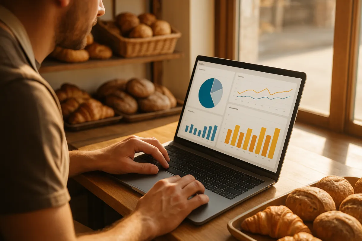 Small bakery owner using the aRISE60 dashboard on a laptop in a sunlit storefront.