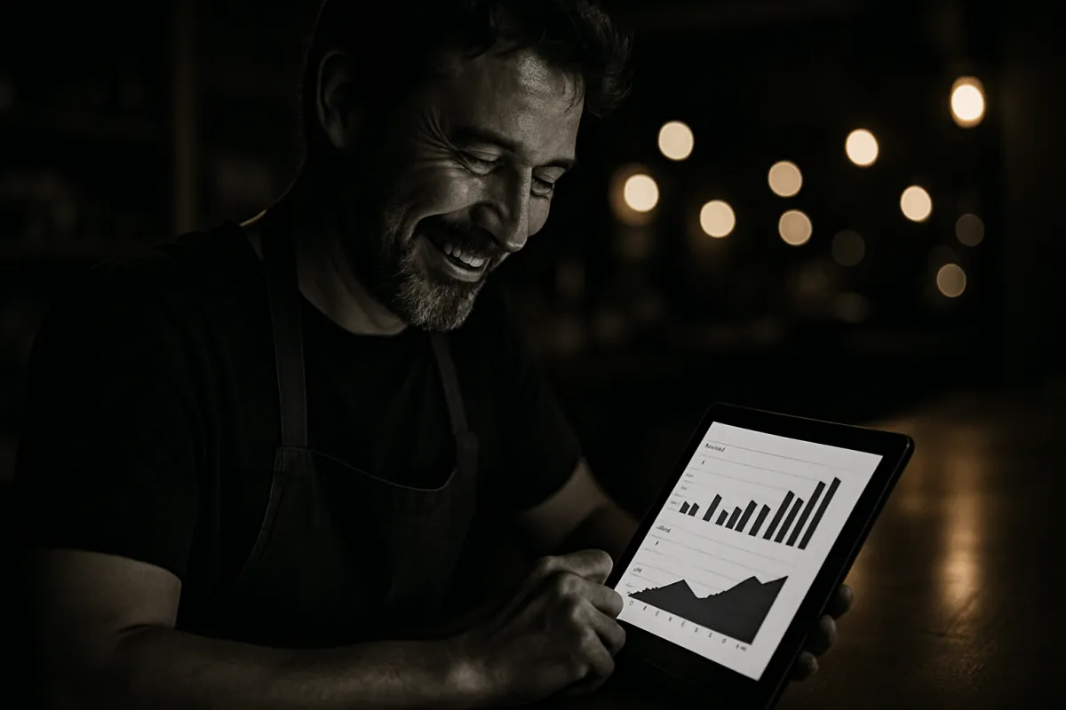 Independent cafe owner reviewing campaign metrics on a tablet at a cafe counter