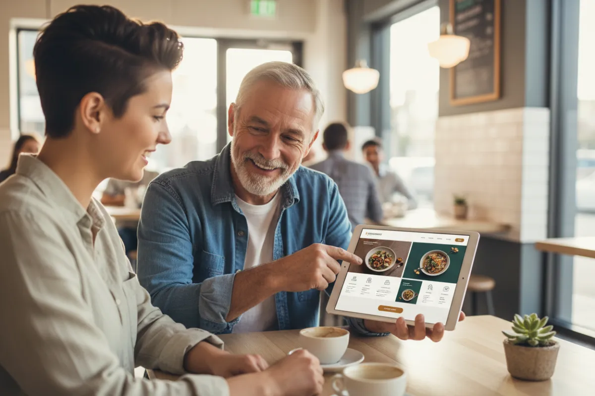 Web designer presenting restaurant website mockup on tablet to owner, modern cafe setting, owner smiling, digital menu visible, clean interface, natural daylight, collaborative atmosphere. 3:2 aspect ratio.