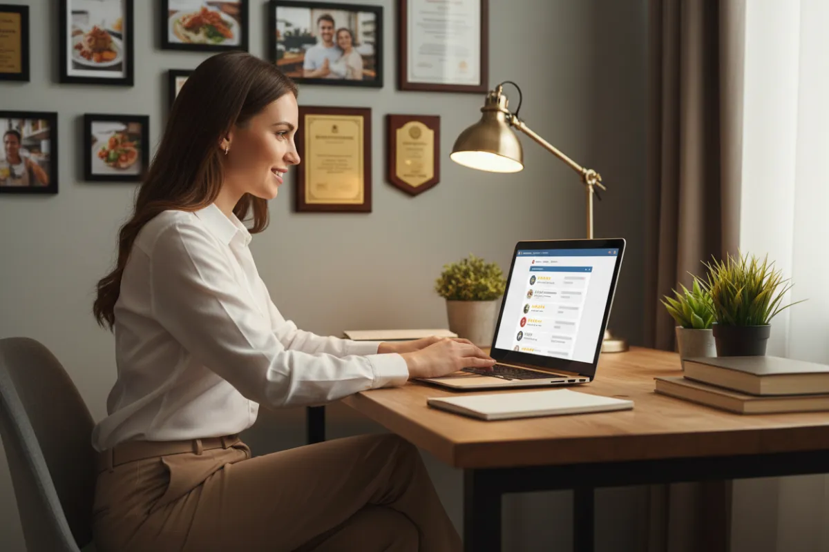 Manager responding to online reviews on laptop, open review platform on screen, cozy restaurant office, manager in business casual, awards and photos on wall, focused and positive demeanor. 3:2 aspect ratio.