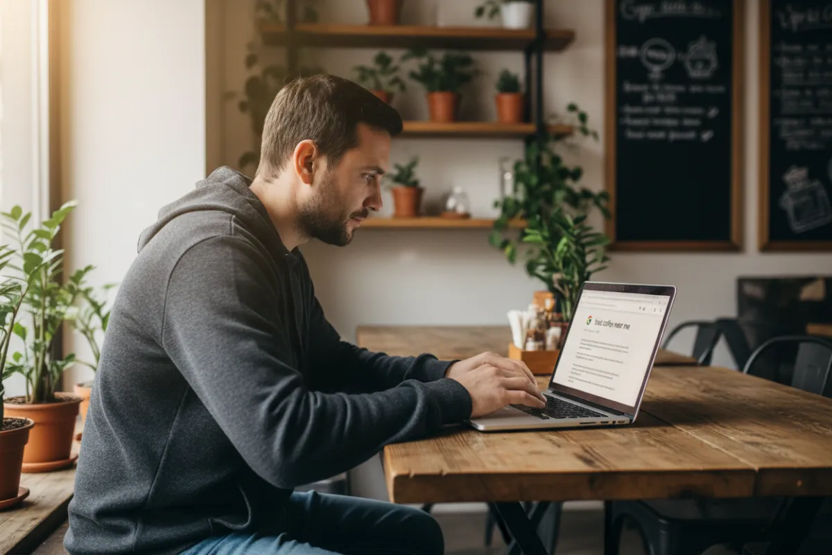 Restaurant owner reviewing SEO analytics on laptop, open Google search results for restaurant, cozy cafe setting, owner in casual attire, plants and menu boards in background, focused expression. 3:2 aspect ratio.