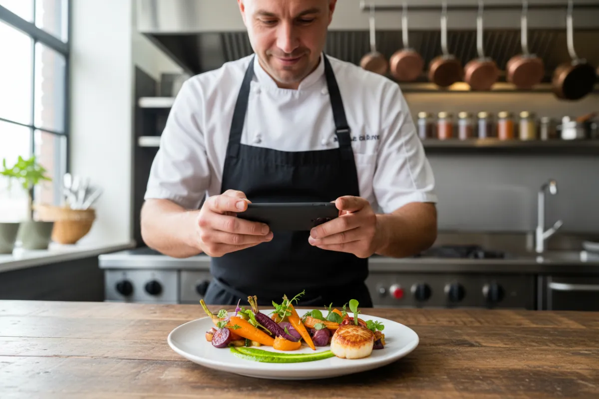 Chef photographing plated dish for Instagram, smartphone in hand, kitchen backdrop, vibrant food colors, chef in crisp uniform, natural light, culinary artistry focus. 3:2 aspect ratio.