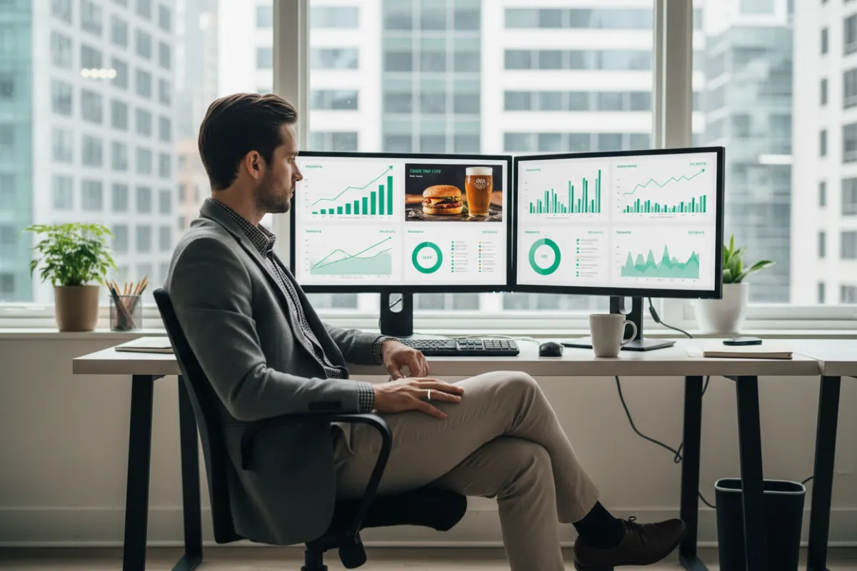 Digital marketer analyzing paid ad results on dual monitors, restaurant ad creative visible, urban office, marketer in trendy attire, charts and graphs on screen, energetic workspace, focus on ROI. 3:2 aspect ratio.