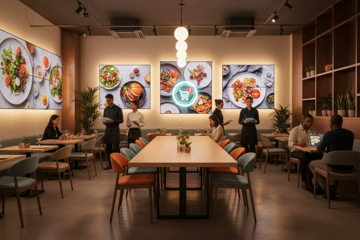 Modern restaurant interior with digital screens, staff using tablets, and vibrant food photography on display. Diverse team and guests, warm lighting, contemporary decor, and a visible online order notification on a tablet. 3:2 aspect ratio.