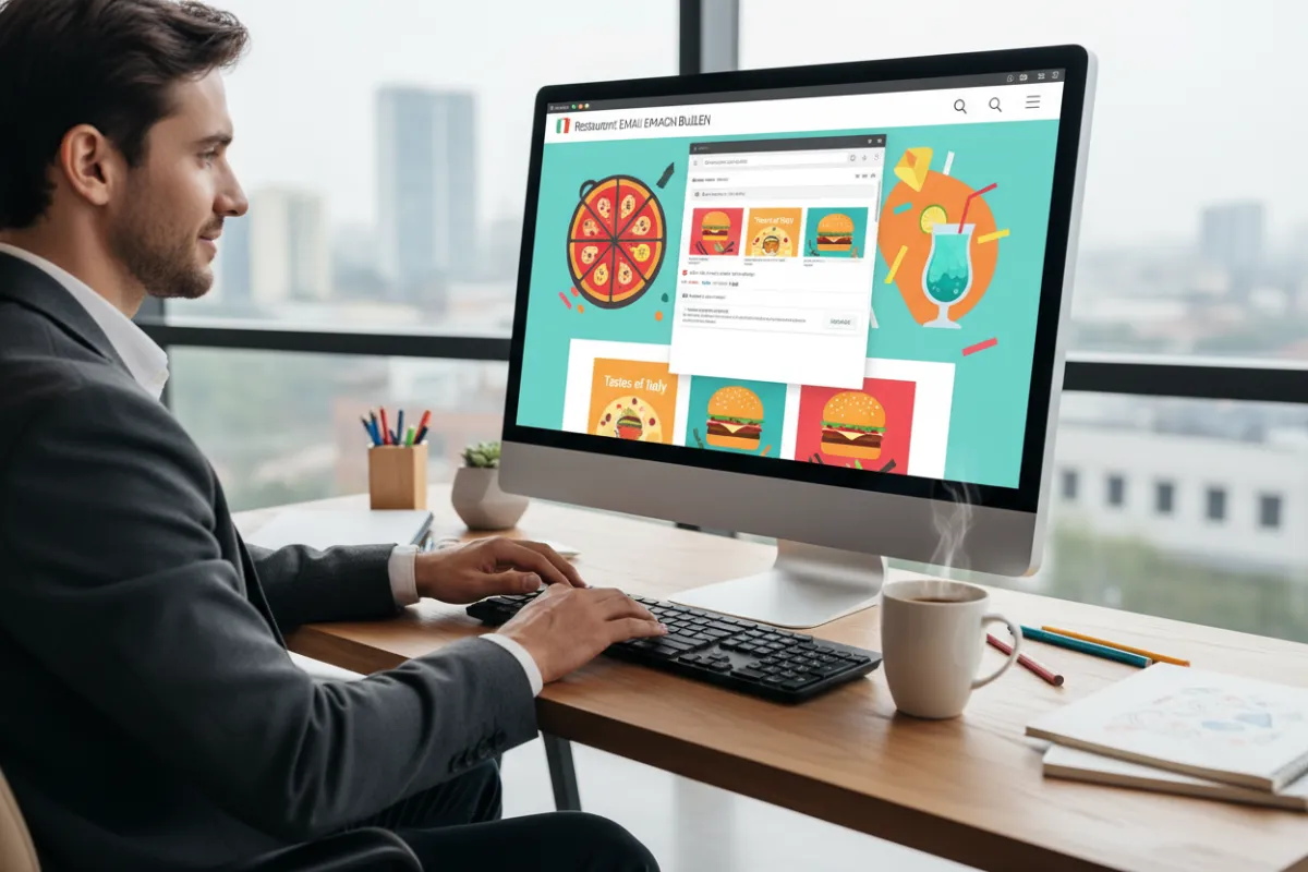 Marketer designing restaurant email campaign on desktop, colorful graphics on screen, open inbox with campaign preview, modern workspace, marketer in smart casual, coffee cup nearby, creative energy. 3:2 aspect ratio.