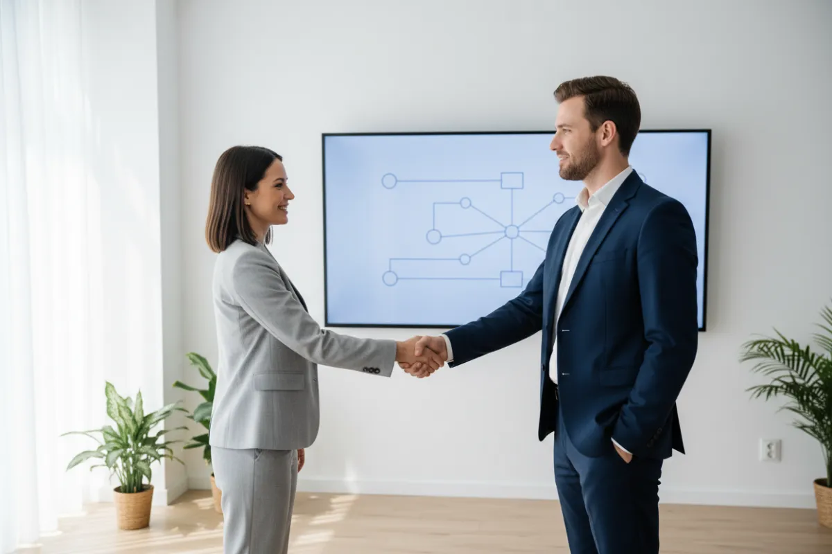 A consultant and client shaking hands in a bright, minimalist office, with a digital whiteboard displaying workflow diagrams. The consultant is smiling, and the client looks confident and optimistic, symbolizing a successful partnership.