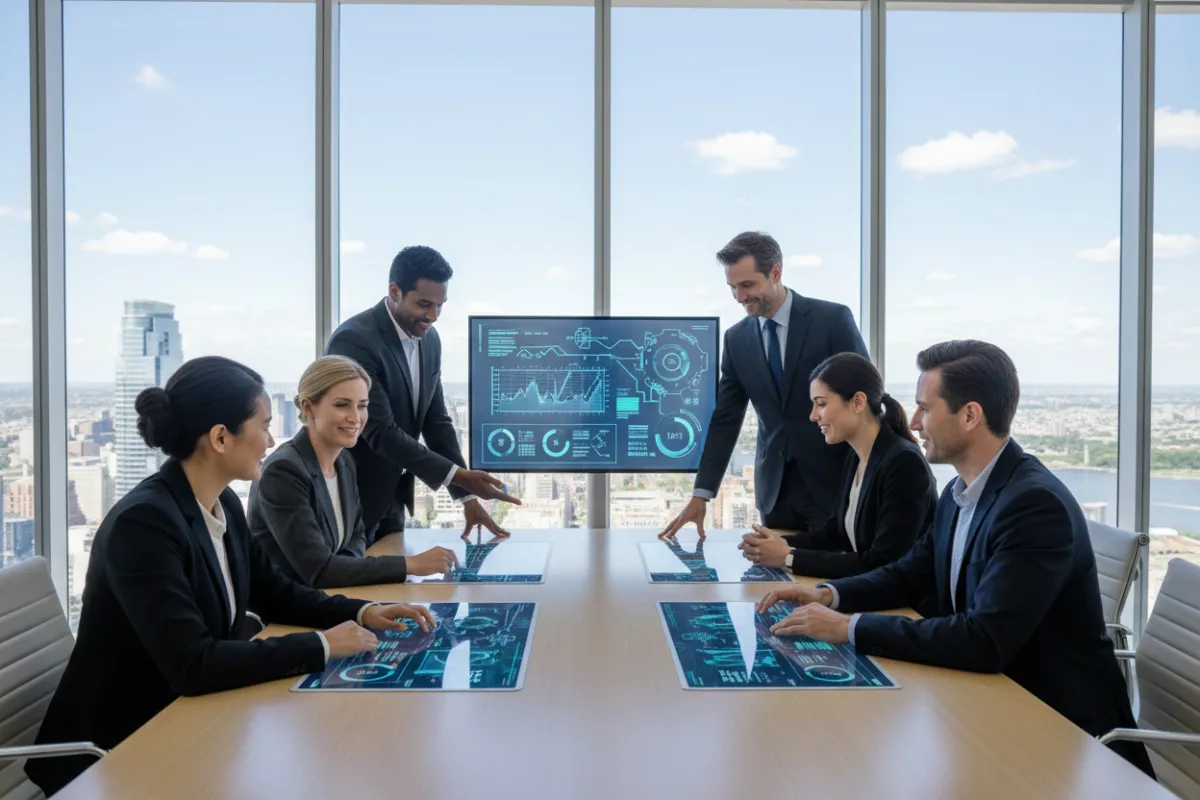 A diverse group of business leaders in a modern glass-walled office, collaborating over digital dashboards and operational charts, with natural daylight and a cityscape in the background. The scene conveys clarity, teamwork, and strategic focus.