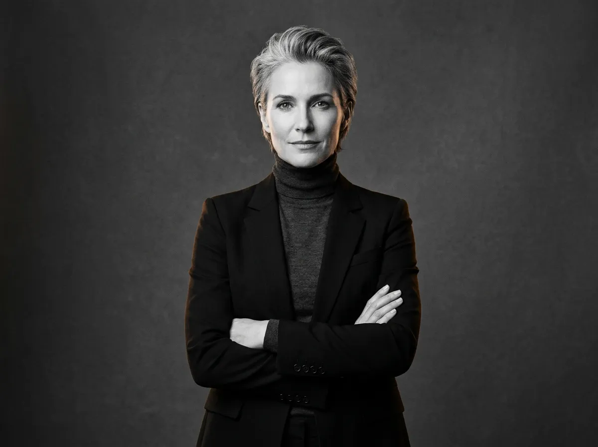Desaturated high-fashion executive portrait of Lady Eleanor Sterling
