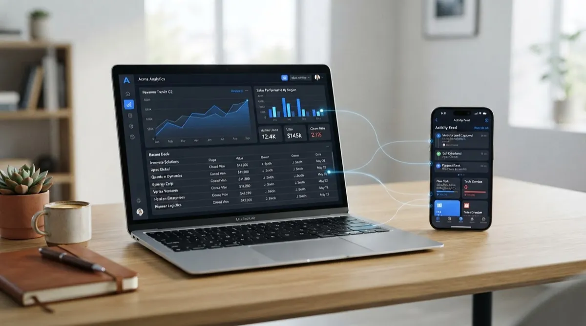 Laptop showing a modern web application dashboard next to a smartphone showing a matching mobile app interface, with subtle workflow connections suggesting automation