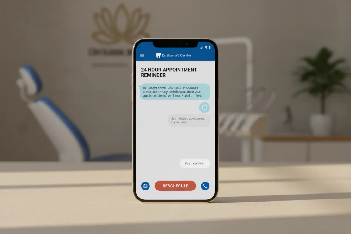 WhatsApp mockup showing a 24-hour reminder message