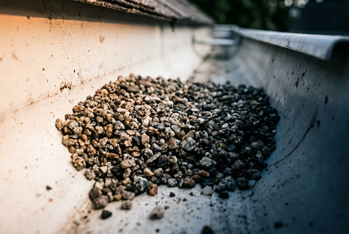 Close up photo showing accumulated shingle granules inside a rain gutter