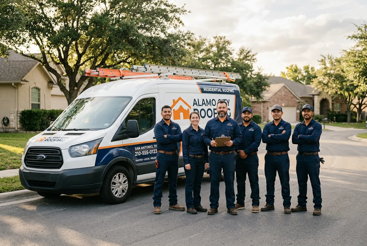 [DEALER NAME] certified roofing technicians standing by their branded service van with professional rejuvenation equipment