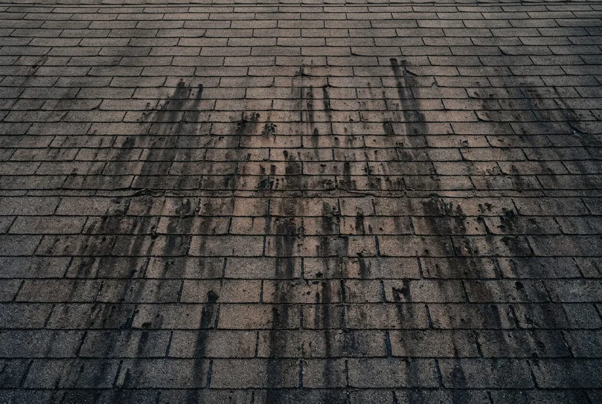 Detailed view of roof shingles affected by black algae streaks and lichen growth