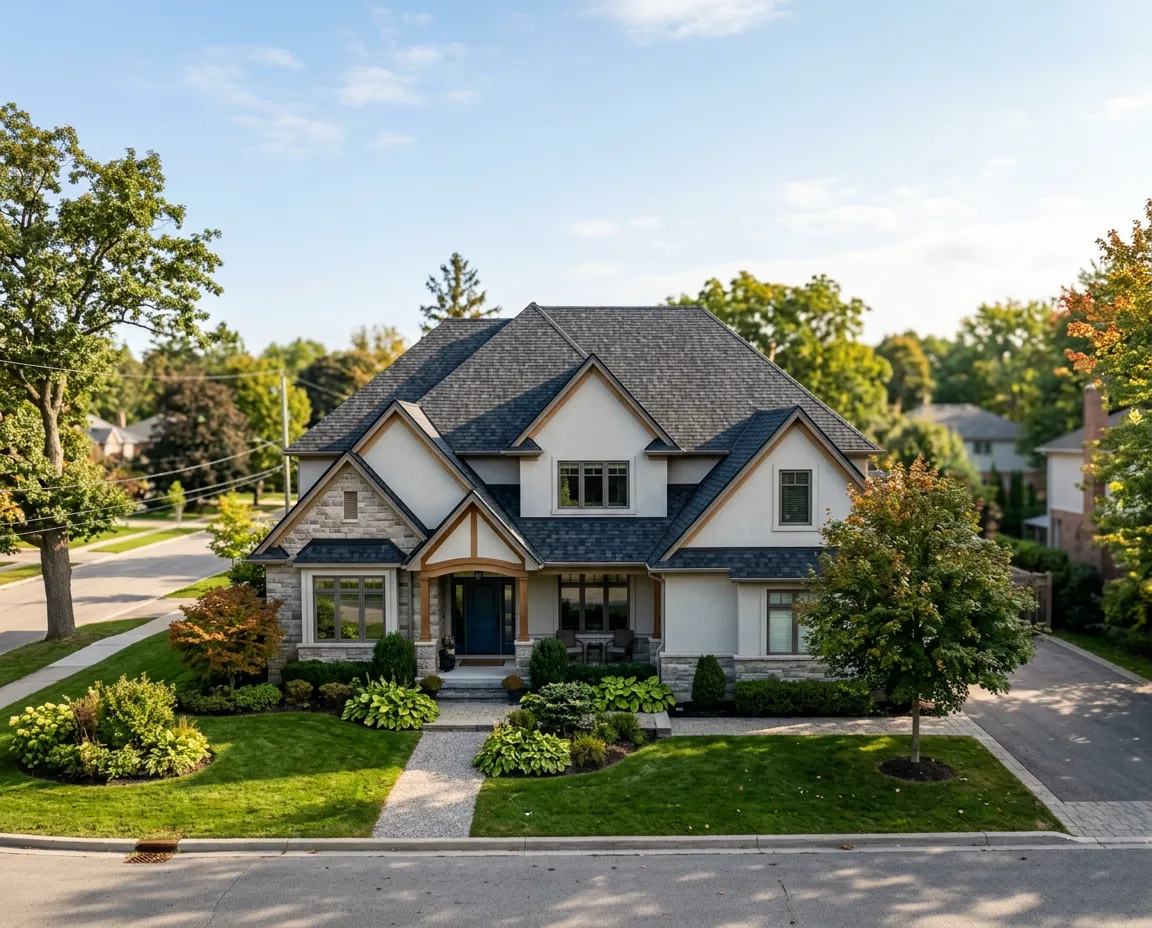 Close-up of premium residential architectural asphalt shingles on a home roof