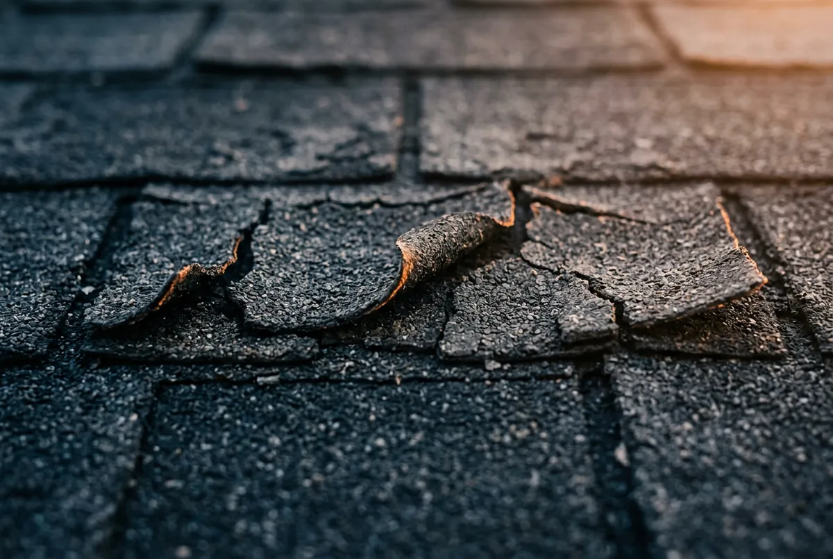 Close up photo showing dried brittle shingles cracked under sun exposure