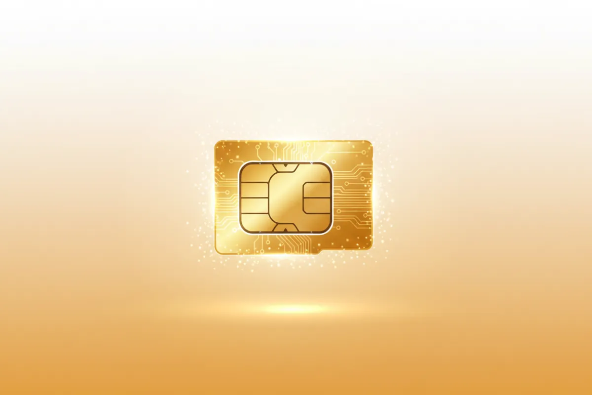 A vibrant digital illustration of a golden SIM card radiating light, set against a soft white-to-orange gradient background. The SIM card features subtle sparkles and a modern, tech-inspired design. No people are present. The composition is clean, minimal, and visually striking, evoking exclusivity and premium quality.