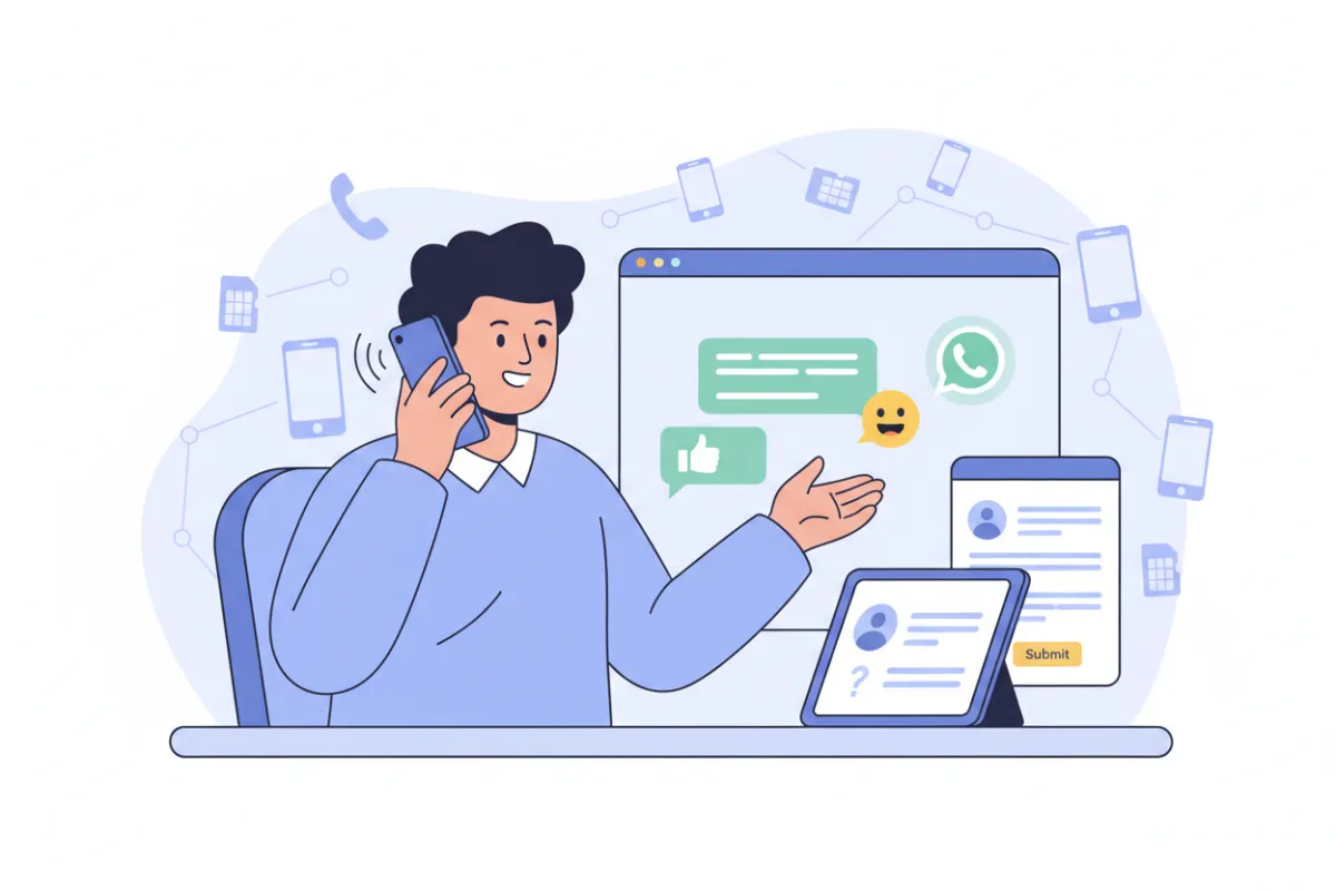 A flat illustration of a customer service representative chatting on WhatsApp, answering a phone call, and reviewing an online inquiry form.